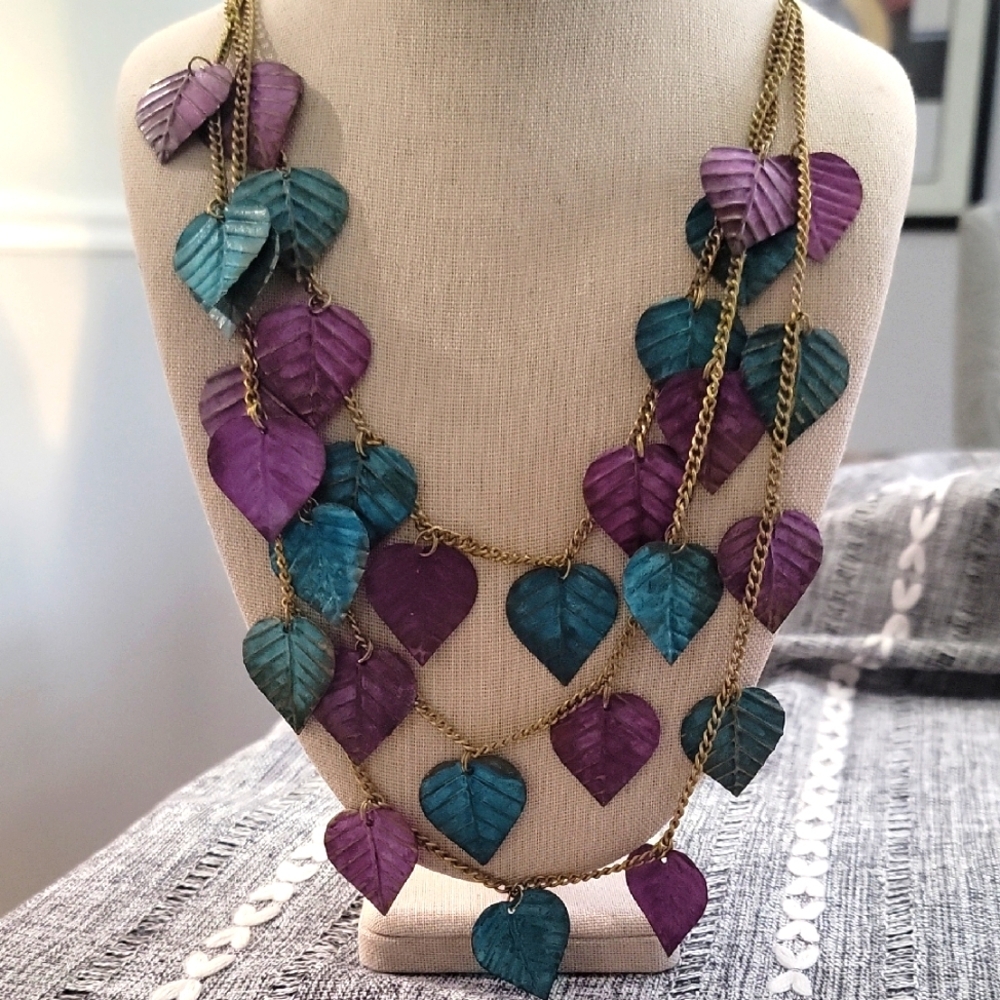 Cottagecore Style Purple and Teal Leaf Necklace